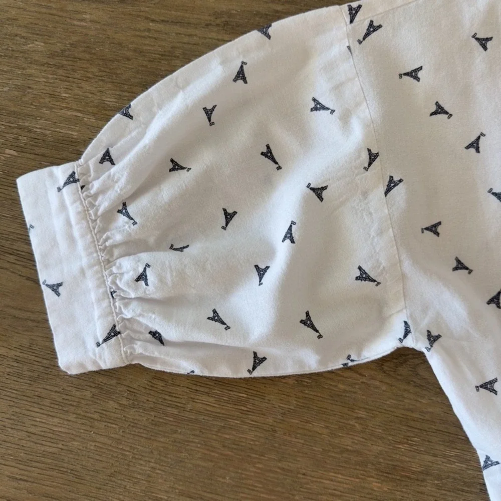 ELLISON Linen Blend Eiffel Tower Print Button Up Shirt Dress-White Knee Length-S